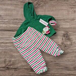 Babyworks Baby Boys Girls Christmas Santa Green Fleece Hooded Top Footed Pants